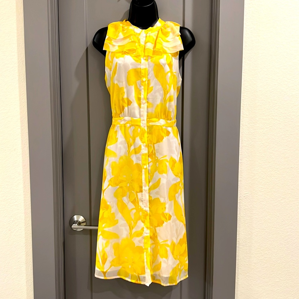 Banana Republic sleeveless white/yellow floral ruffle neck dress in size 8. New